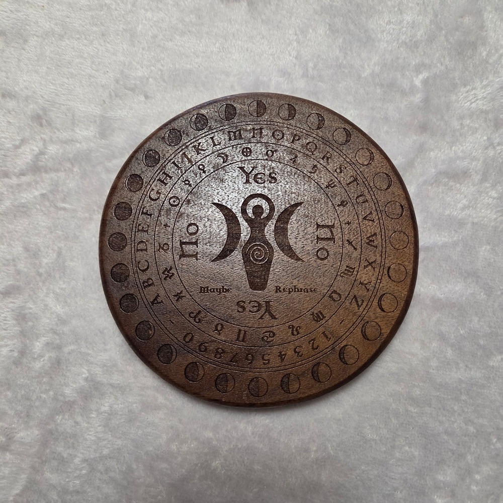 Walnut Wood Pendulum Dowsing Board Triple Moon Goddess Zodiac Moon Phases 6"